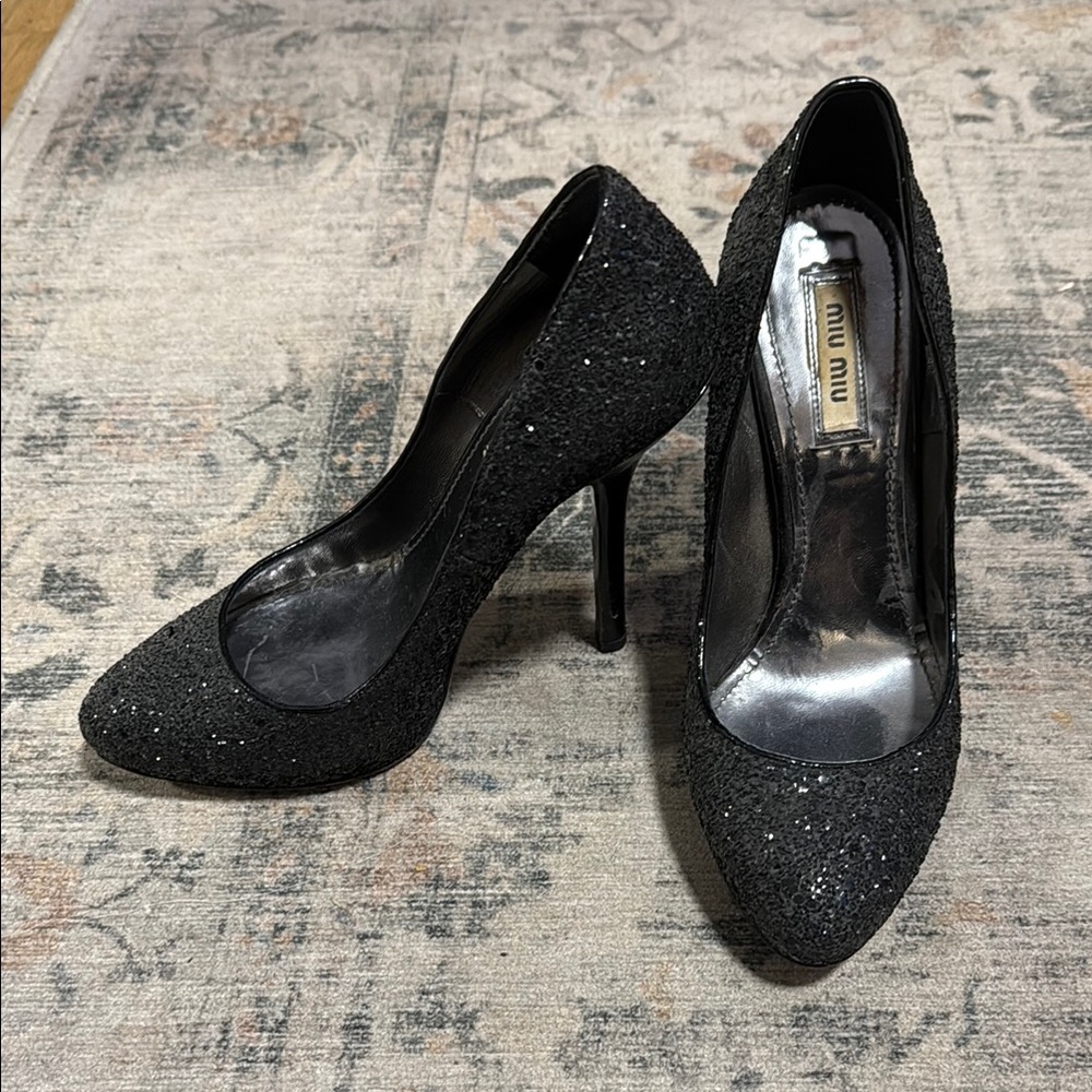 Miu Miu Black Glitter Heels Elegant Pumps